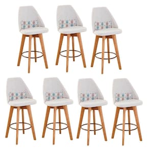 Kit 07 Banquetas Alta Maya Giratória Com Encosto Linho Bege Claro e Almofada Mosaico - Aurora Line