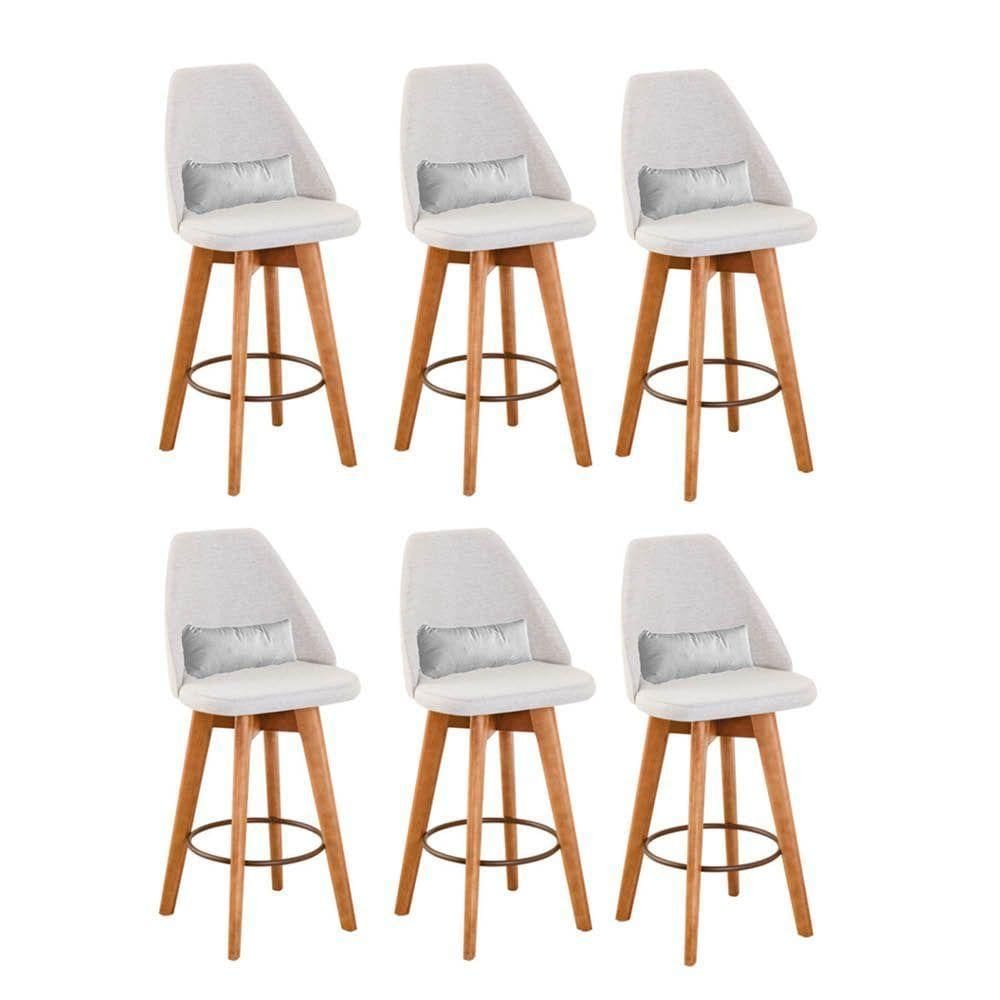 Kit 06 Banquetas Alta Maya Giratória Com Encosto Linho Bege Claro e Almofada Sintético Branco - Aurora Line
