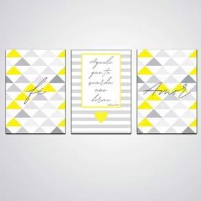 Quadro Decorativo 3 Peças Fé Amor Amarelo