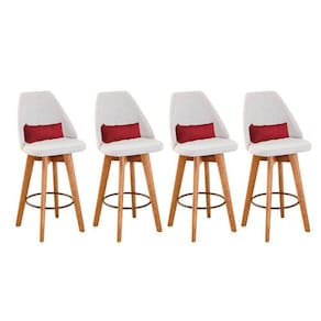 Kit 04 Banquetas Alta Maya Giratória Com Encosto Gourmet Linho Bege e Almofada Corino Vermelho - Aurora Line