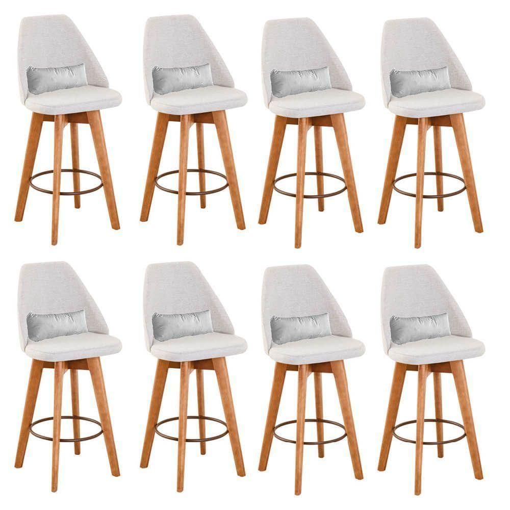 Kit 08 Banquetas Alta Maya Giratória Com Encosto Linho Bege Claro e Almofada Sintético Branco - Aurora Line