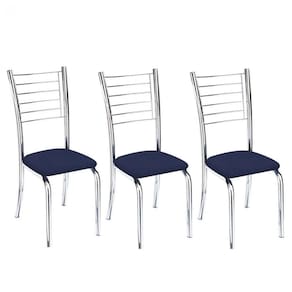 Kit 3 Cadeiras De Jantar Lara Cromada Para Cozinha Assento Corino Azul Marinho - Aurora Line