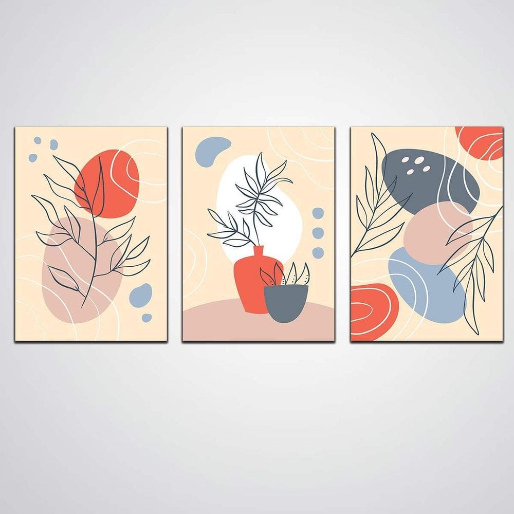 Quadro Decorativo 3 Peças Abstrato Flores E Plantas