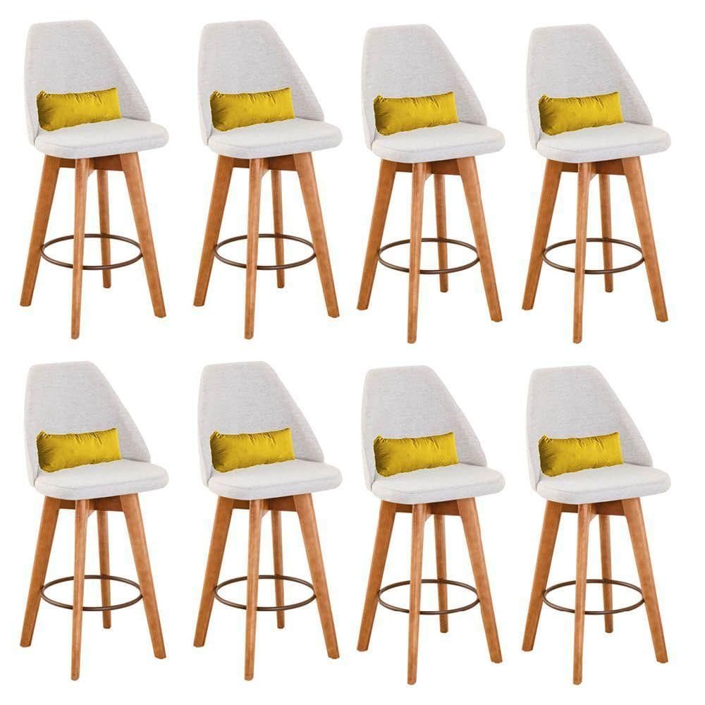 Kit 08 Banquetas Alta Maya Giratória Com Encosto Linho Bege Claro e Almofada Sintético Amarelo - Aurora Line
