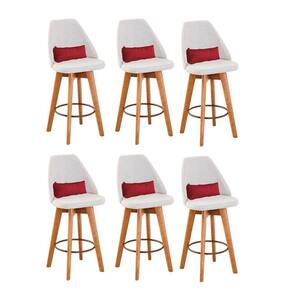 Kit 06 Banquetas Alta Maya Giratória Com Encosto Gourmet Linho Bege e Almofada Suede Vermelho - Aurora Line