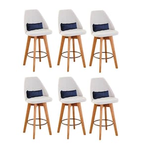 Kit 06 Banquetas Alta Maya Giratória Com Encosto Linho Bege Claro e Almofada Suede Azul Marinho - Aurora Line