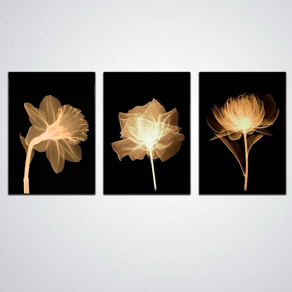 Kit Quadros Decorativos Fundo Preto Flores Amarelas