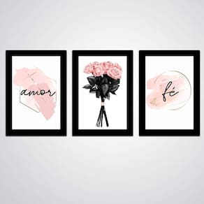 Quadro Decorativo 3 Peças Amor Fé Feito Em Madeira