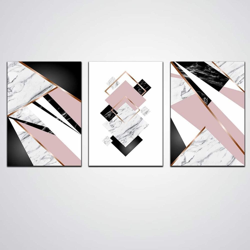 Quadro Decorativo 3 Peças Abstrato Rosa E Tons De Cinza