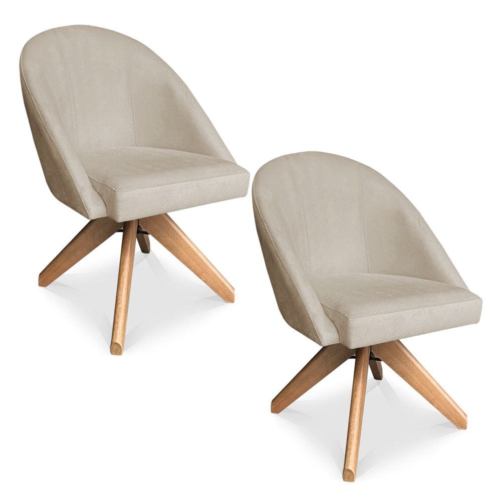 Kit 02 Poltronas Cadeira Giratória Bela Suede Bege Base de Madeira - Pallazio