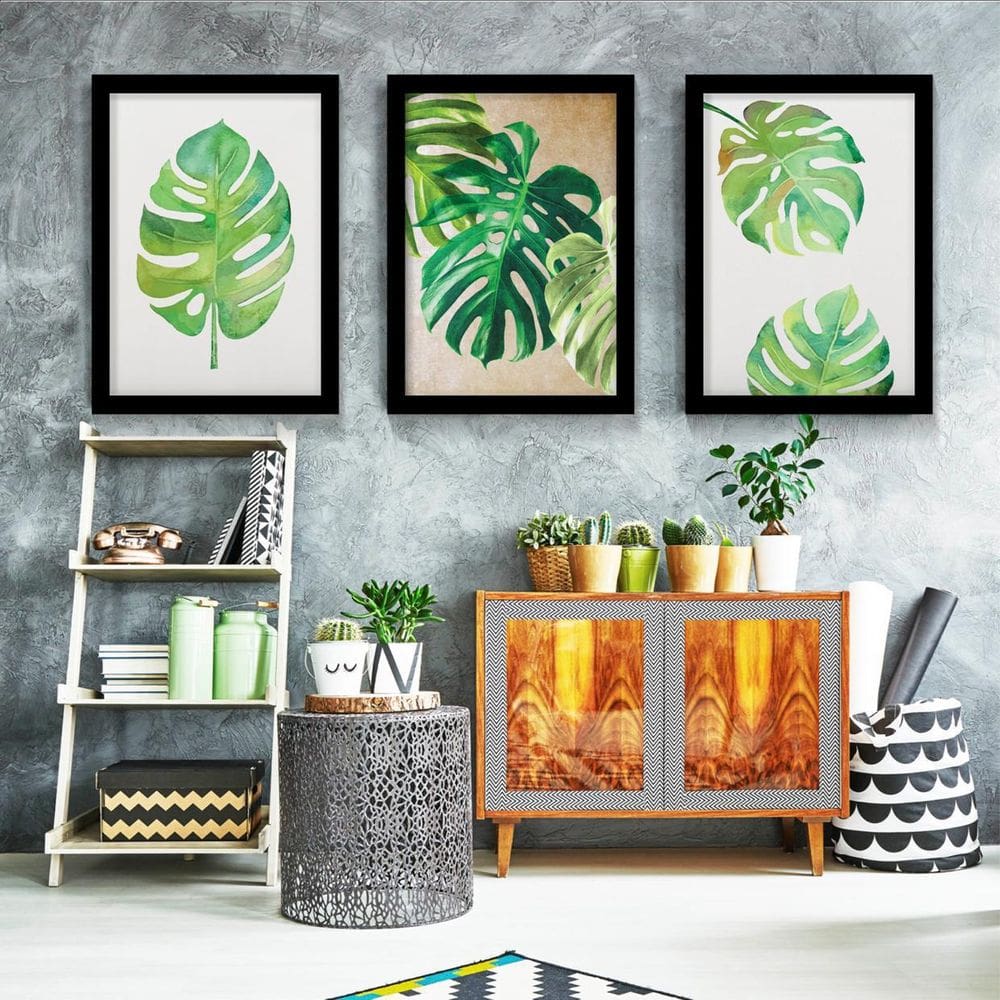 Kit 3 Quadros Monstera Leaf Pastel A4 Vidro