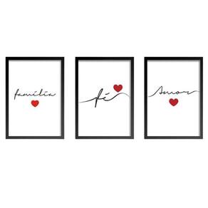 Conjunto Quadros Decorativos Fé Amor Família Com Vidro A4