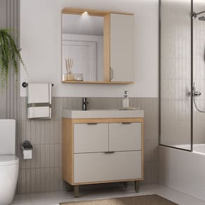 Conjunto de Banheiro Gabinete 2 Portas 1 Gaveta e Espelheira com Led 1 Porta Eleganza Carvalho Marrom / Arenas