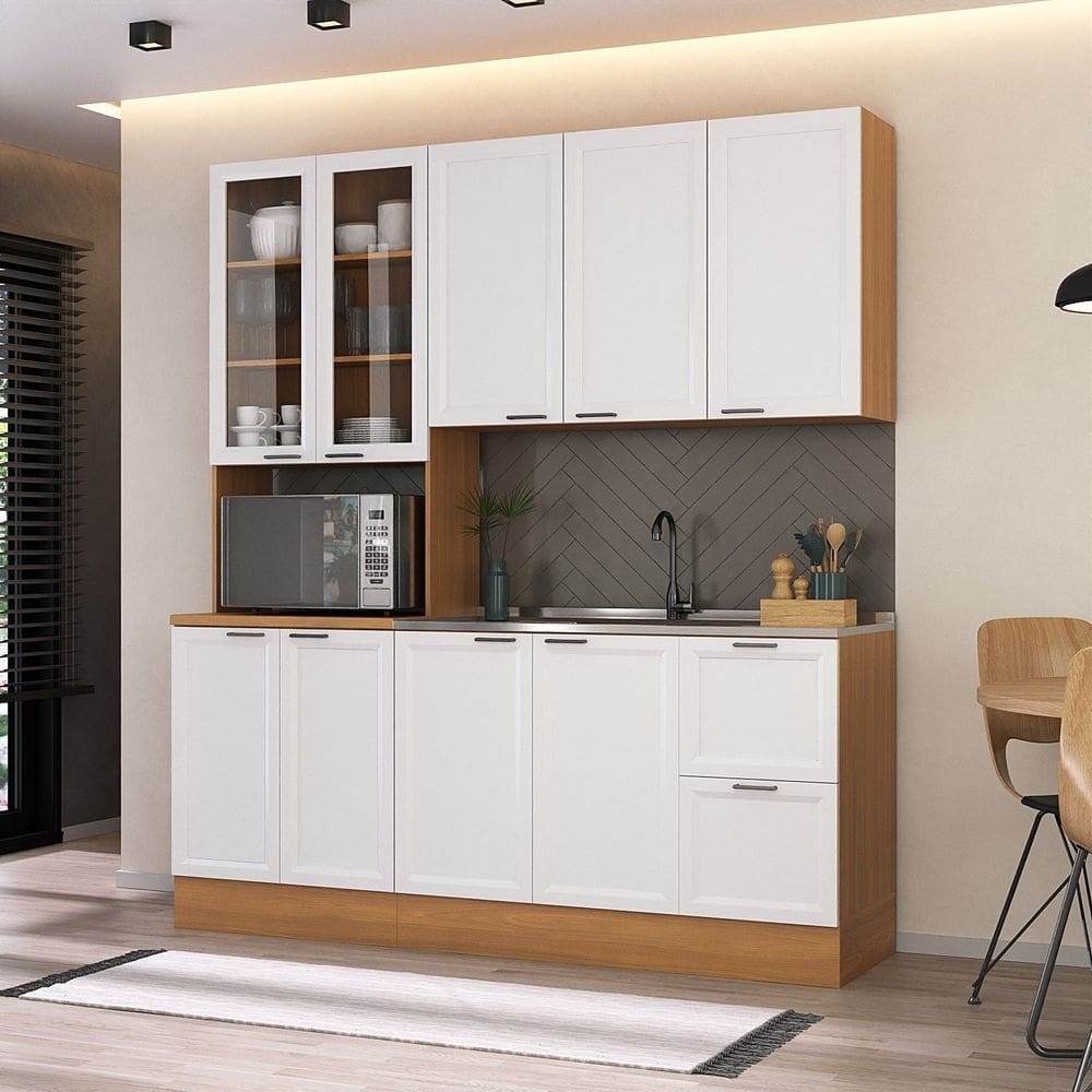 Cozinha Compacta 3 Peças 1 Paneleiro Duplo 1 Aéreo 1 Balcão Soho Cabecasa Madeiramadeira Freijó/Branco