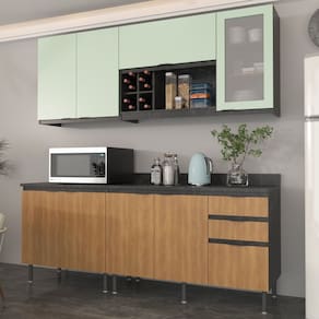 Cozinha Compacta Azaleia 200cm com Tampo, 4 Peças, 8 Portas e 3 Gavetas com Divisor de Talheres Freijó/Verde