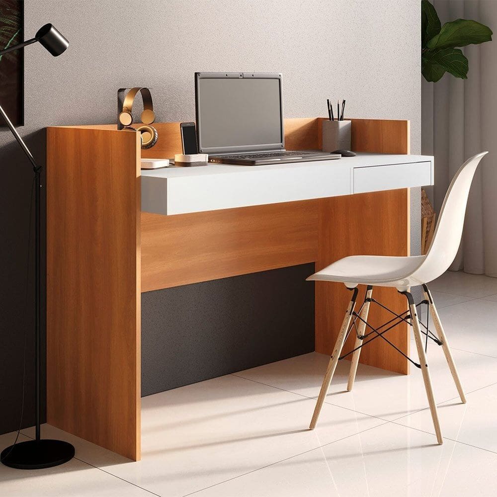 Escrivaninha Versa Home 120cm Escritorio 1 Gaveta Branco/Freijó