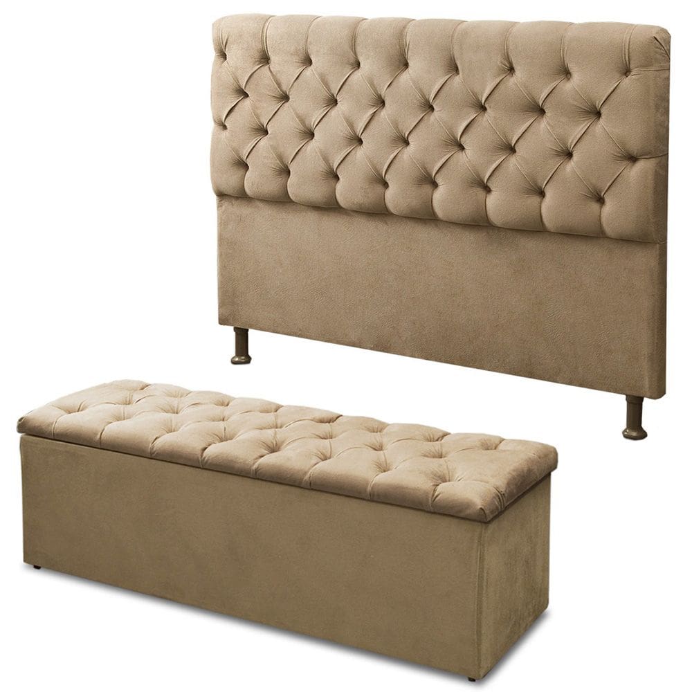 Kit Cabeceira e Calçadeira Baú Sofia Solteiro 90cm Veludo Bege - Montanaris Decor