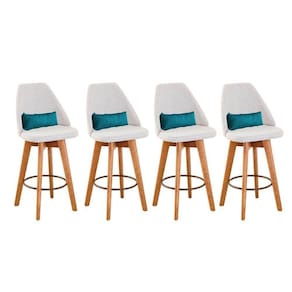 Kit 04 Banquetas Alta Maya Giratória Com Encosto Linho Bege Claro e Almofada Suede Azul Turquesa - Aurora Line
