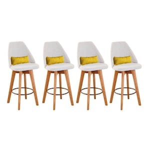 Kit 04 Banquetas Alta Maya Giratória Com Encosto Gourmet Linho Bege e Almofada Suede Amarelo - Aurora Line