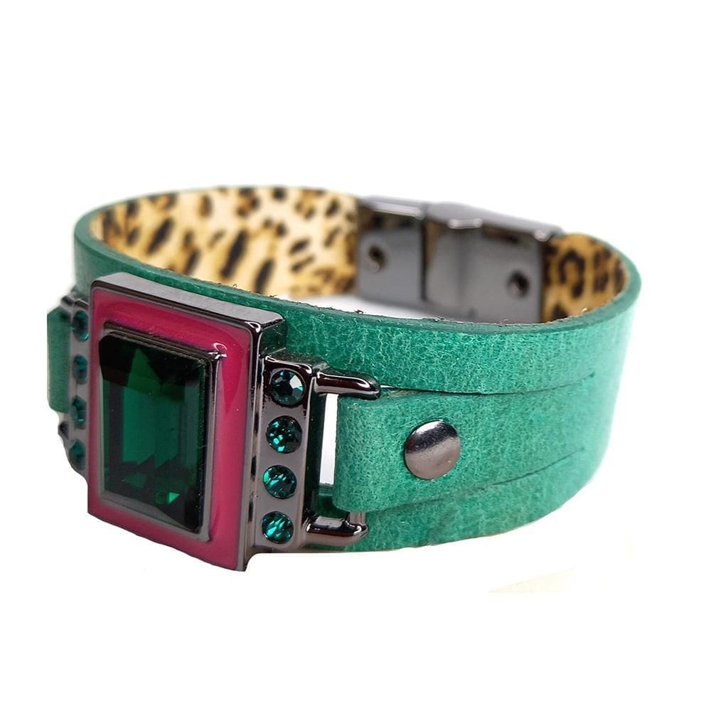 Pulseira Armazem Rr Bijoux Couro Cristal Rosa E Verde