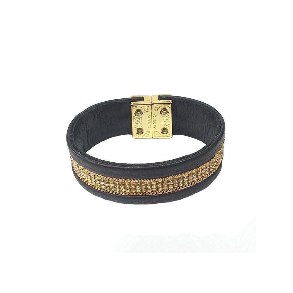 Pulseira Armazem Rr Bijoux Couro Cristais Preta