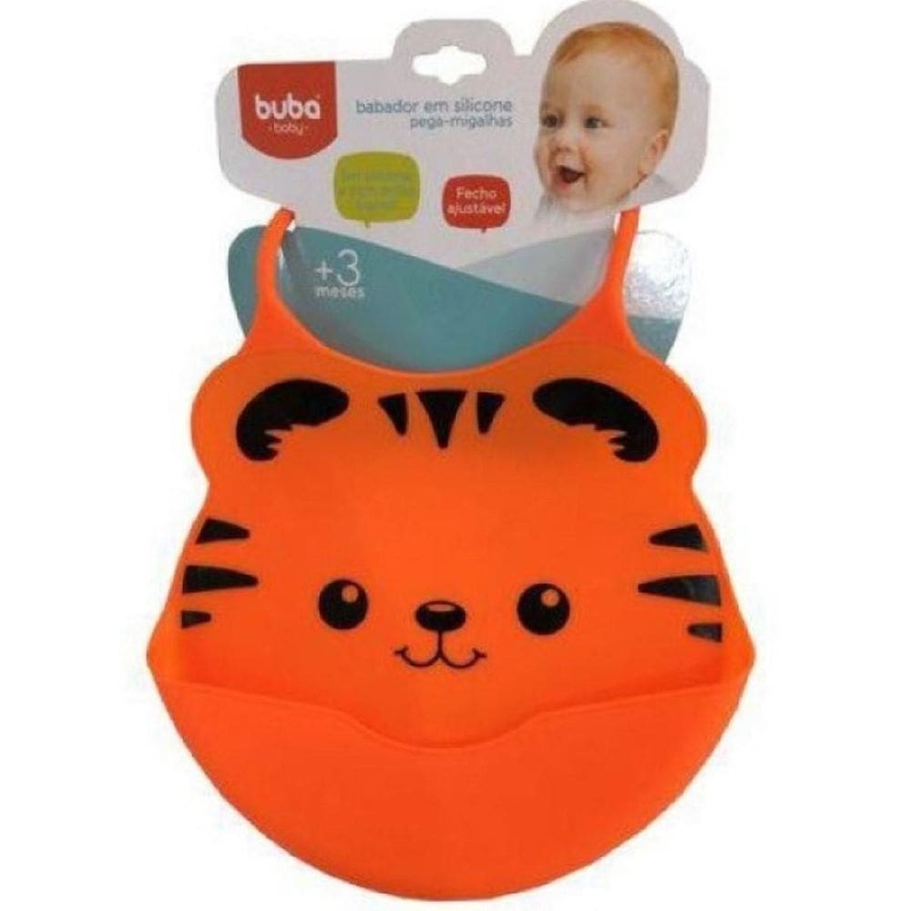 Babador Silicone Pega Migalha Laranja Tigre Buba Ajustável