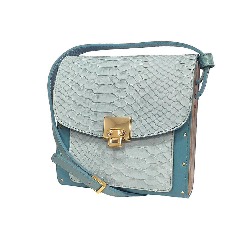 Bolsa Couro Com Lateral Em Madeira Pequena Verde Água