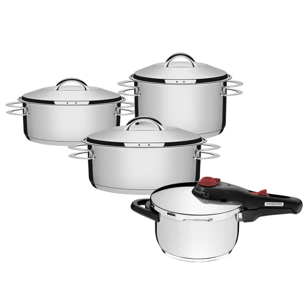 Jogo de Caçarola Solar 3 Peças + Panela de Pressão Solar 4,5 L em Aço Inox Fundo Triplo Tramontina