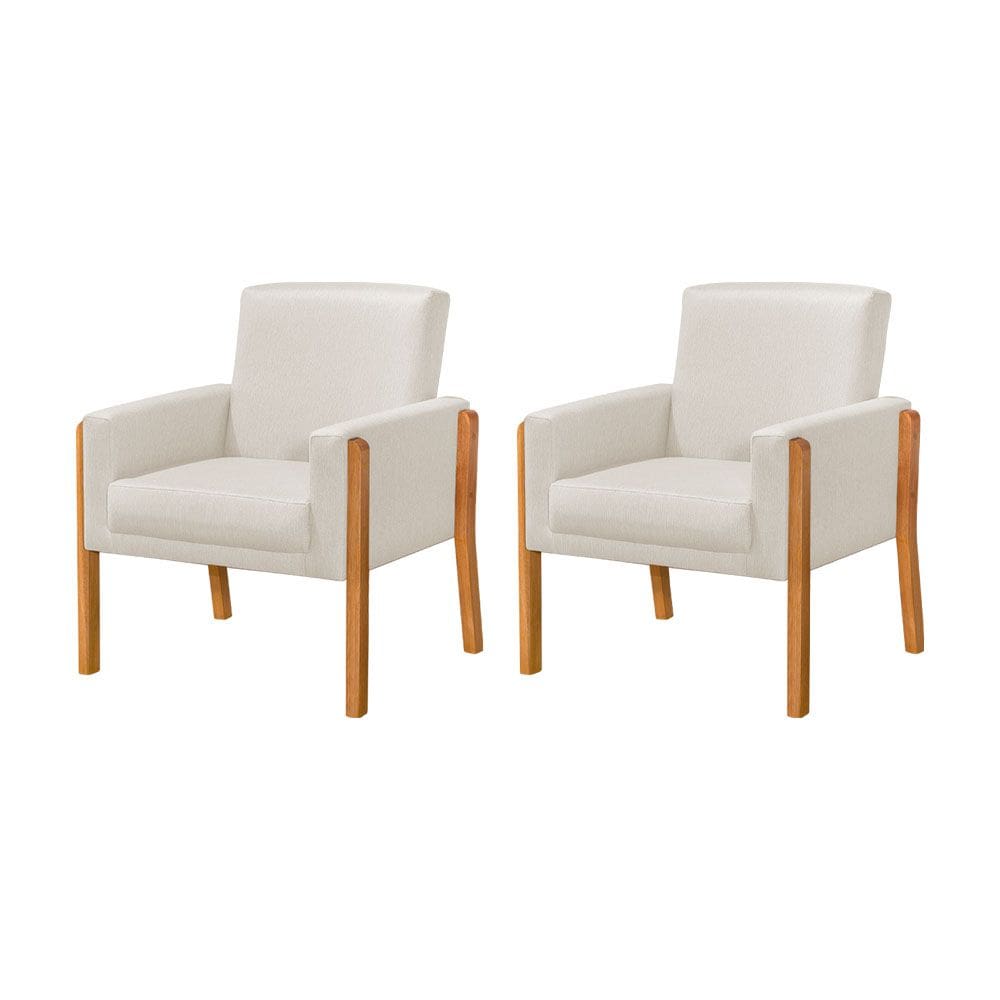 Kit 2 Poltronas Sala de Espera Pés em Madeira Santorini Linho Crú