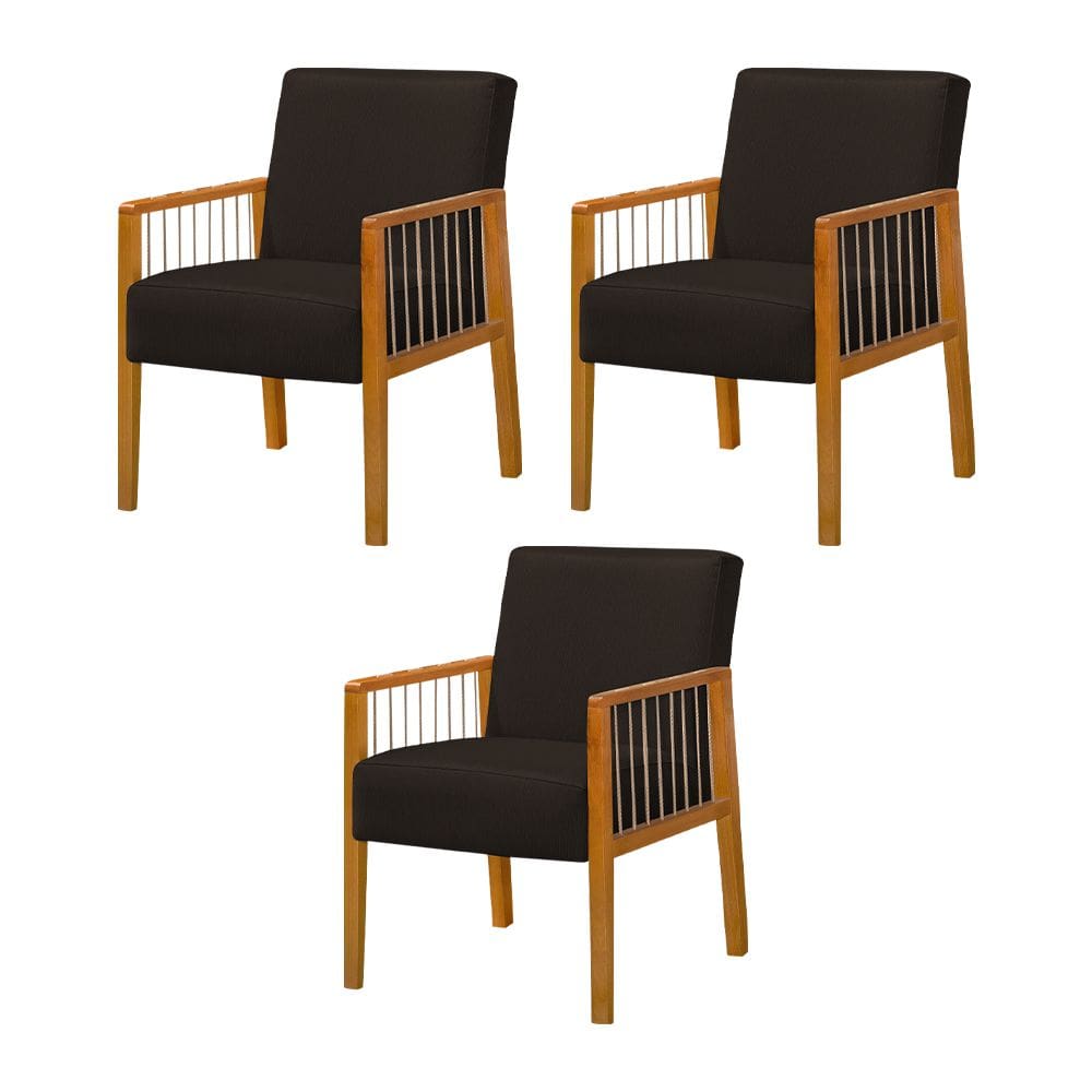 Kit 3 Poltronas Decorativa Base em Madeira Maciça e Corda Náutica Copacabana Linho Marrom Escuro