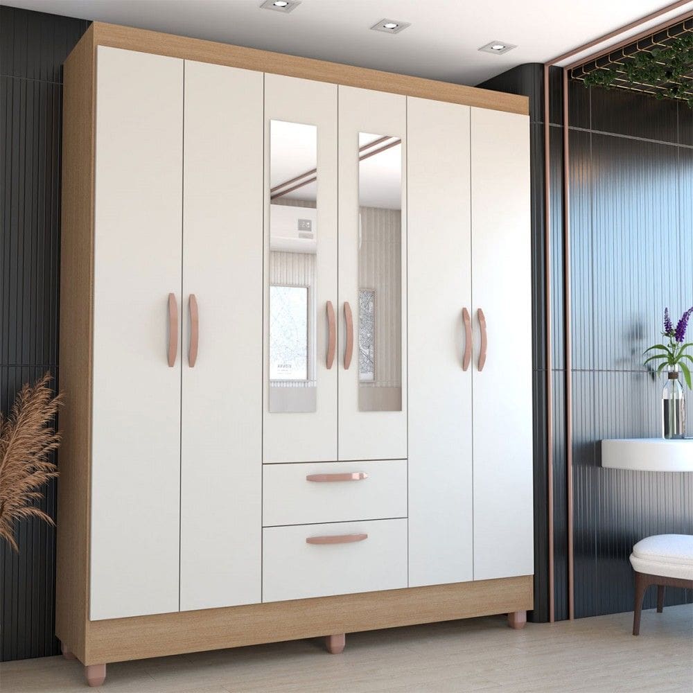 Guarda-Roupa Solteiro Virtuoso 6 Portas 2 Gavetas com Espelho Canelato Rústico/Natural/Off White - Loja