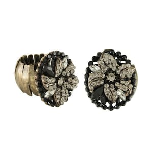 Anel Flor Cristais Preto E Black Diamond Ouro Velho