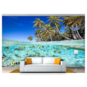 Papel De Parede Praia Mar Coqueiros Peixes 3D Npr242