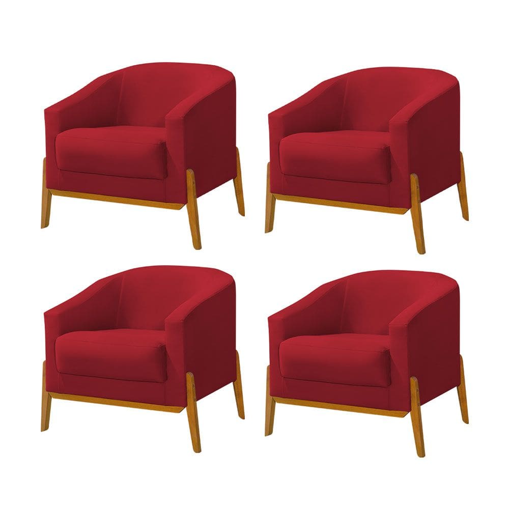 Kit 4 Poltronas Living Base em Madeira Maciça Flórida Veludo Vermelho