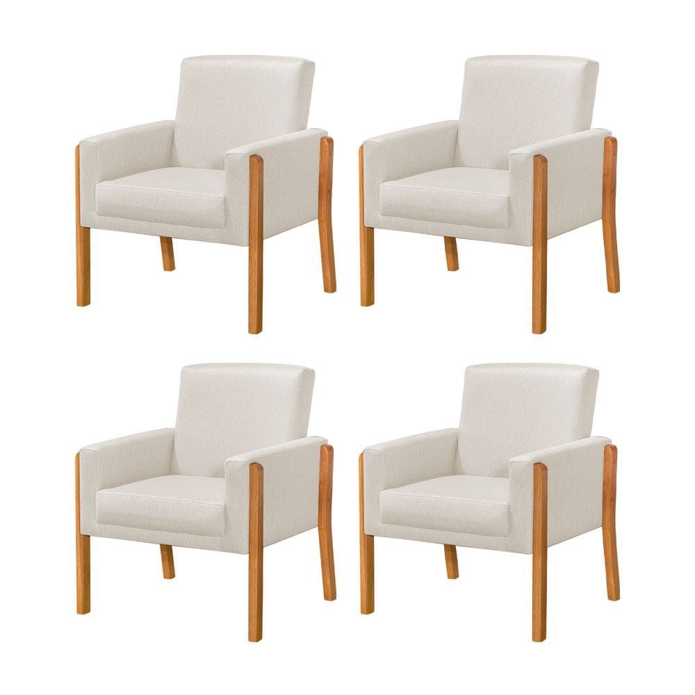 Kit 4 Poltronas Sala de Espera Pés em Madeira Santorini Linho Crú