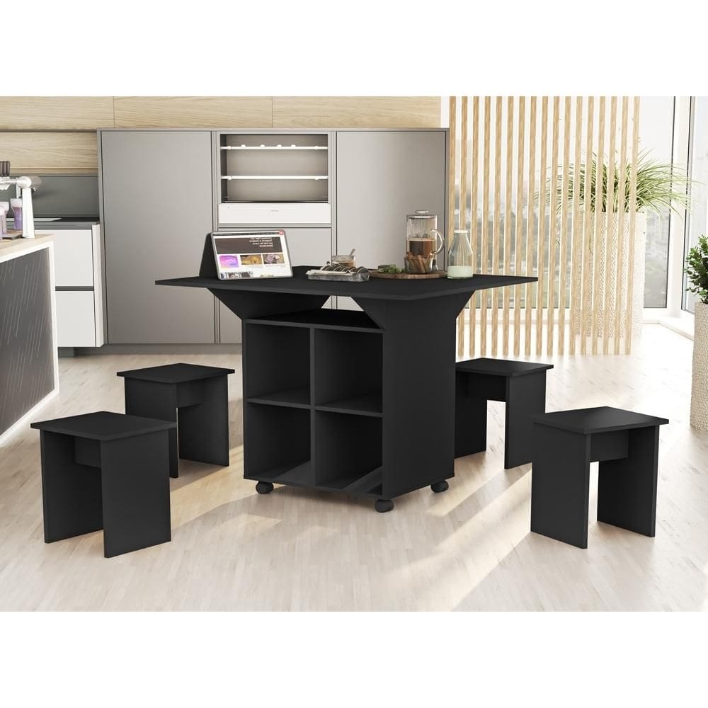 Barzinho Mesa com Bancos Retrátil Preto