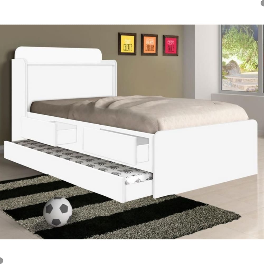 Cama Solteiro Tamires Baú Branco com Auxiliar