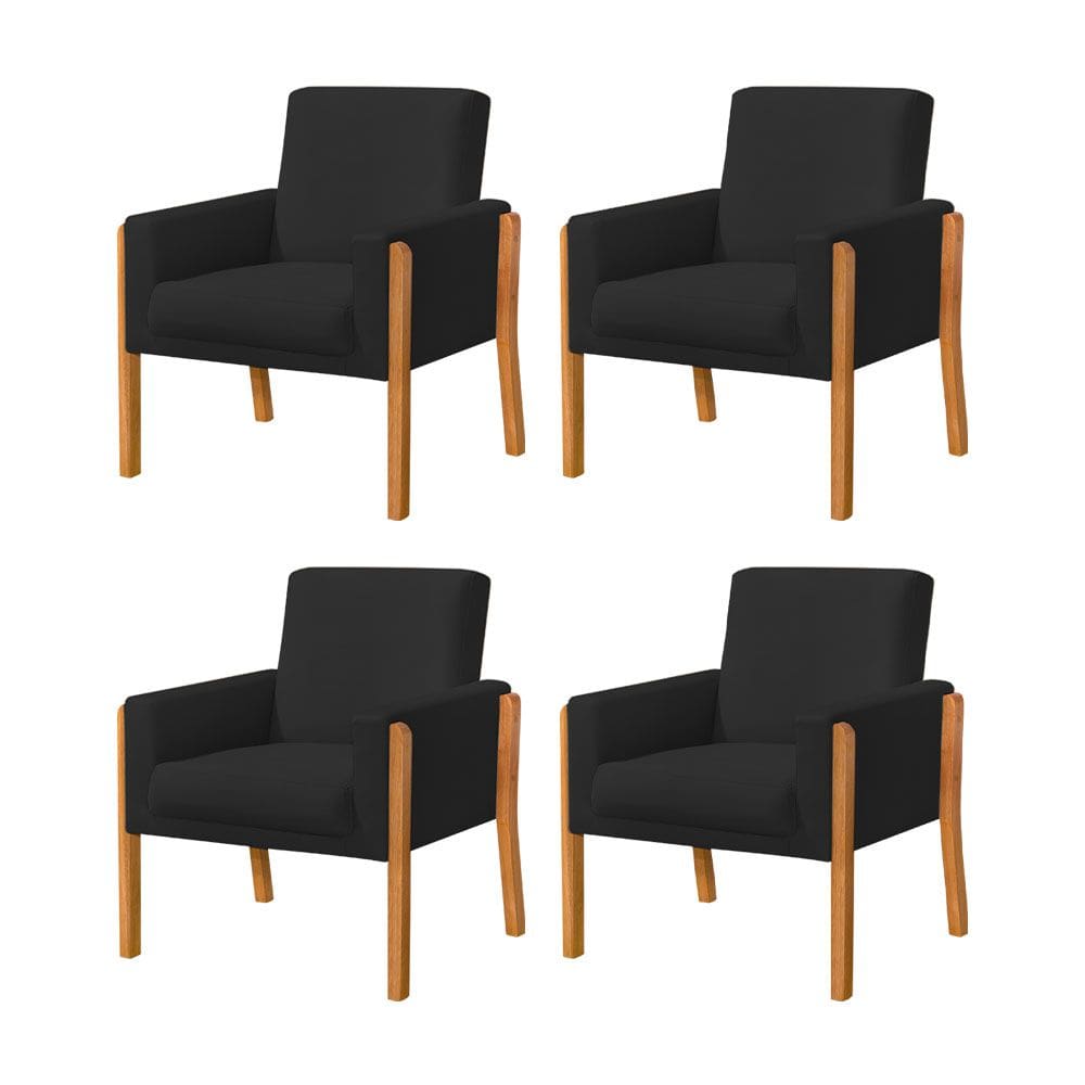 Kit 4 Poltronas Sala de Espera Pés em Madeira Santorini Veludo Preto