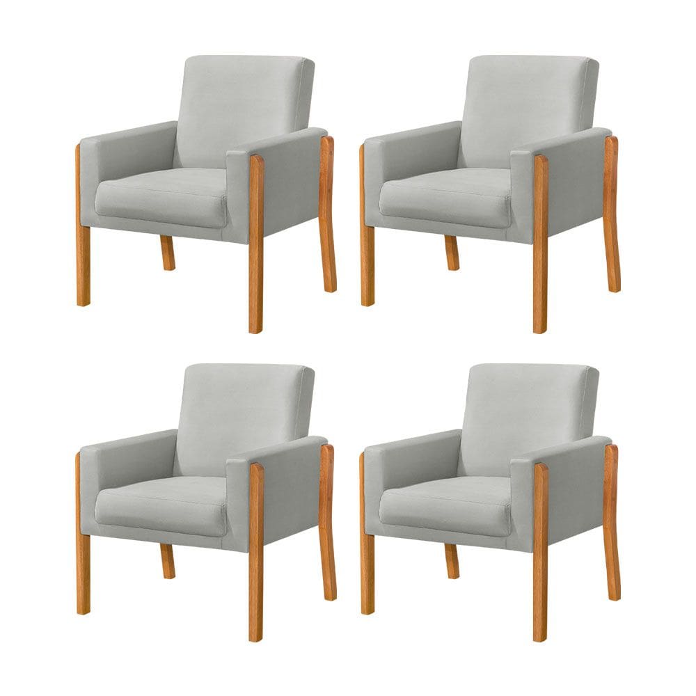 Kit 4 Poltronas Sala de Espera Pés em Madeira Santorini Veludo Cinza Claro