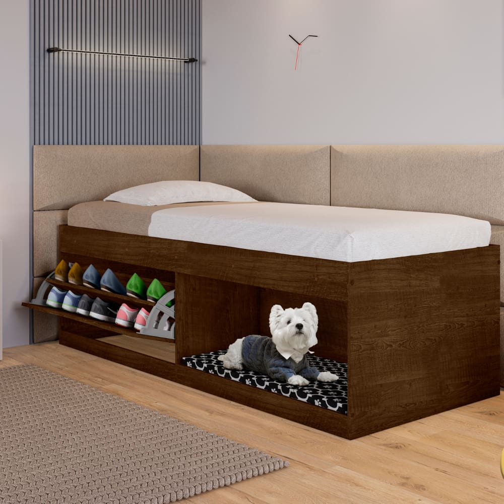 Box Solteiro 2 Prateleiras Flórida Com Kit Pet e Colchão Malbec