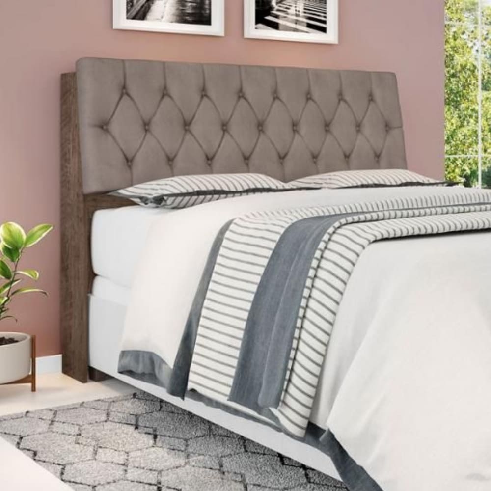 Cabeceira Box Casal Isis Chocolate com Capitonê Bege Escuro