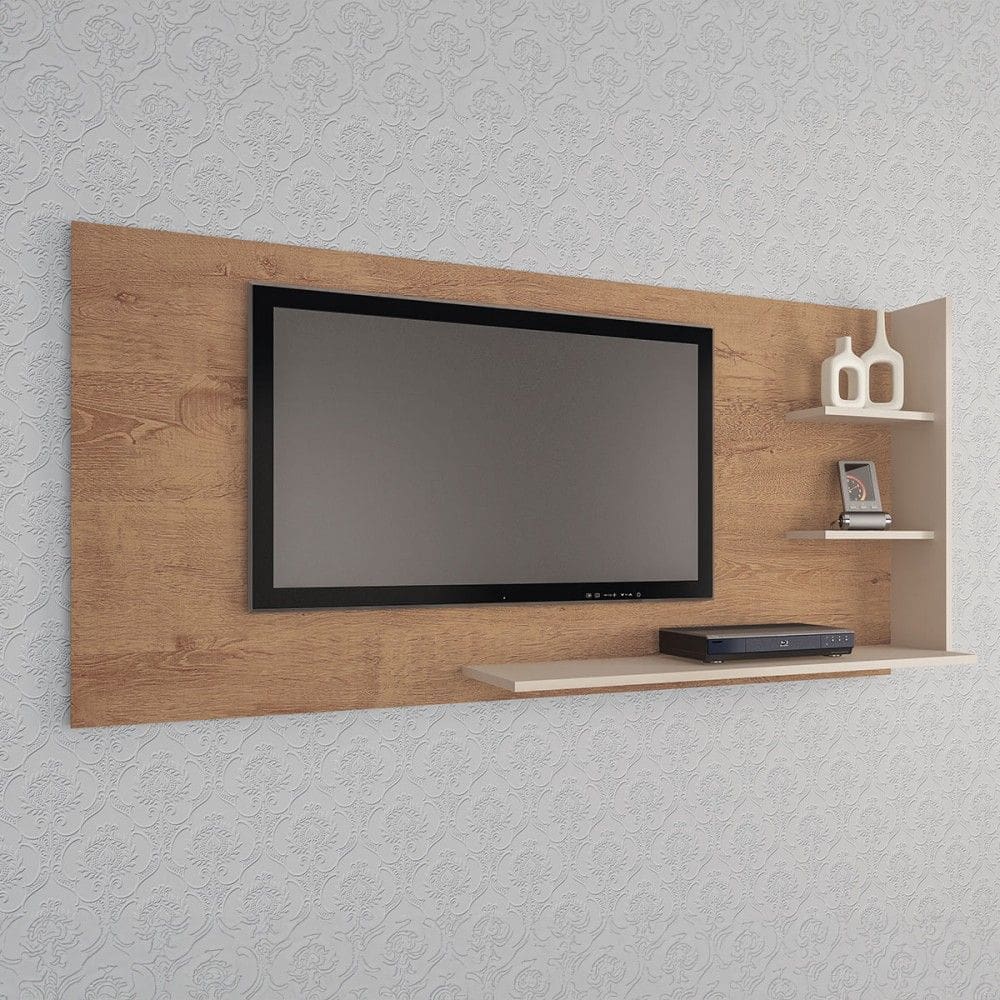 Painel para TV Até 60 Polegadas Rio de Janeiro New 3 Prateleiras Canelato Rustico/Natural/Off White - Atualle Móveis