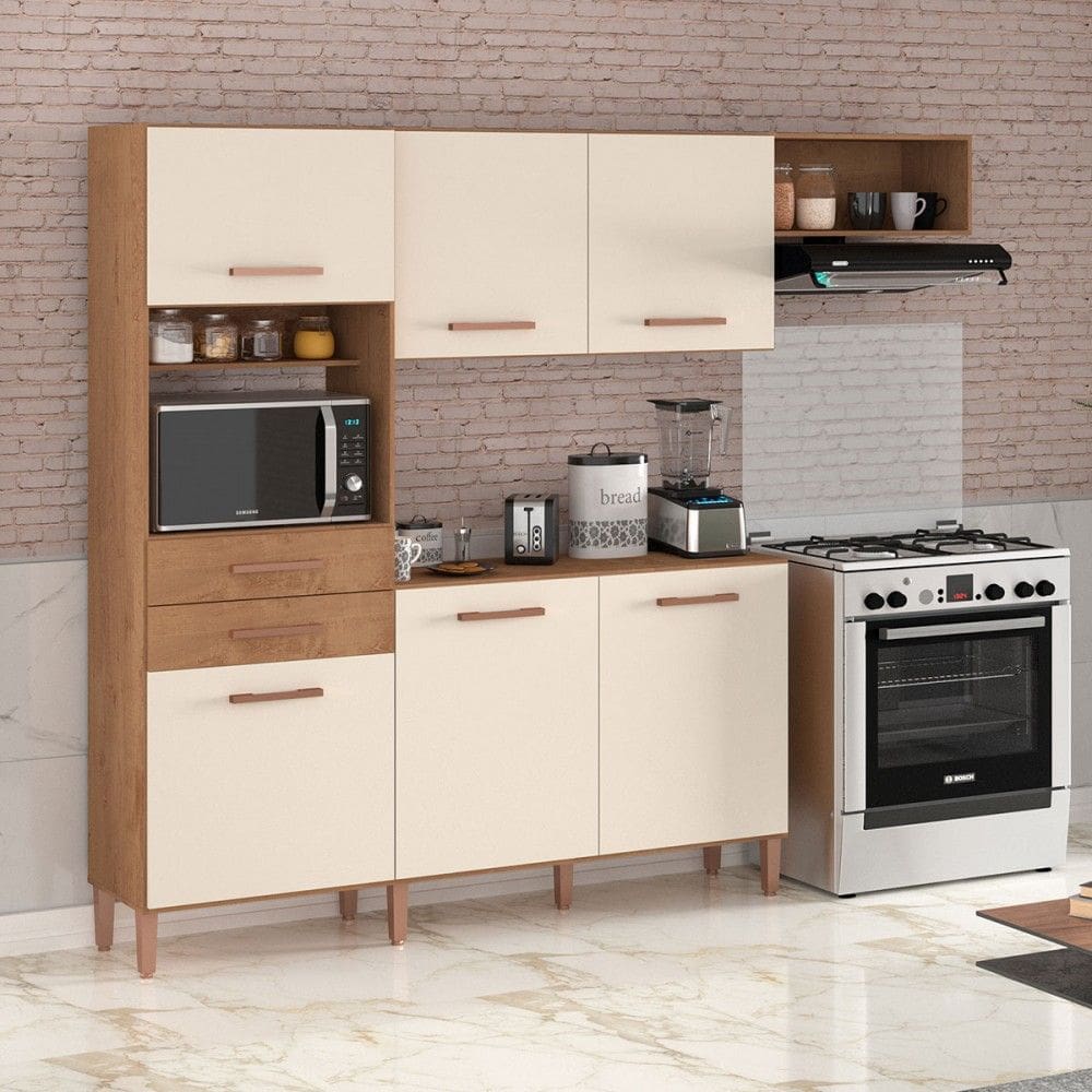 Cozinha Completa Salinas Top 6 Portas 2 Gavetas Canelato Rustico/Natural/Off White - Atualle Móveis