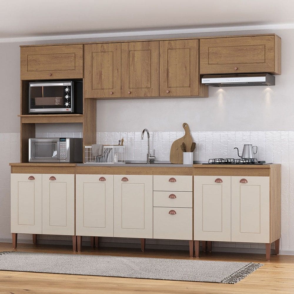 Cozinha Completa Viena 12 Portas 2 Gavetas Canelato Rustico/Natural/Off White - Atualle Móveis