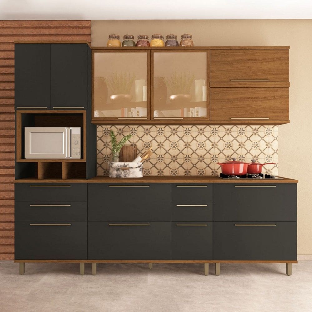 Cozinha Completa Munique 10 Portas 6 Gavetas com Vidro Freijo/Cinza - Indekes
