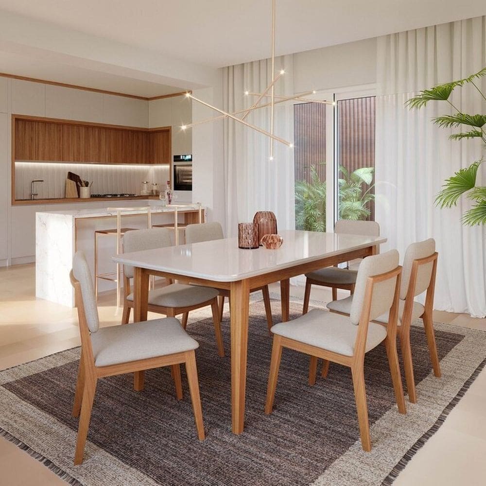 Conjunto Sala de Jantar 1 Mesa Tangará 180cm 6 Cadeiras Estofadas Miriti Cabecasa Madeiramadeira Off White/Creme