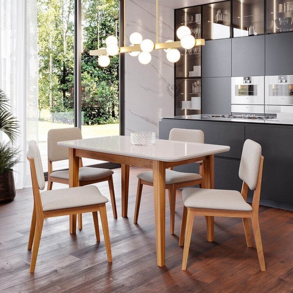 Conjunto Sala de Jantar 1 Mesa Tangará 130cm 4 Cadeiras Estofadas Miriti Cabecasa Madeiramadeira Off White/Creme