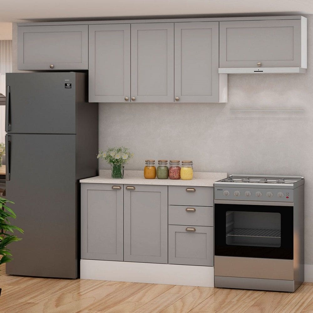Cozinha Compacta Iluminata 7 Portas 3 Gavetas 100% Mdf Branco/Marrom Claro - Genialflex