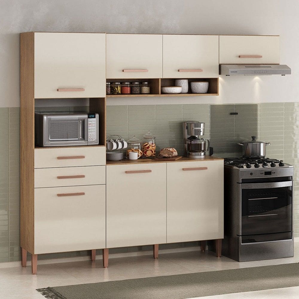 Cozinha Completa Fortaleza 7 Portas 2 Gavetas Canelato Rustico/Natural/Off White - Atualle Móveis