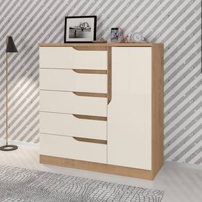 Cômoda Paris New 1 Porta 5 Gavetas Rustico/Natural/Off White - Atualle Móveis